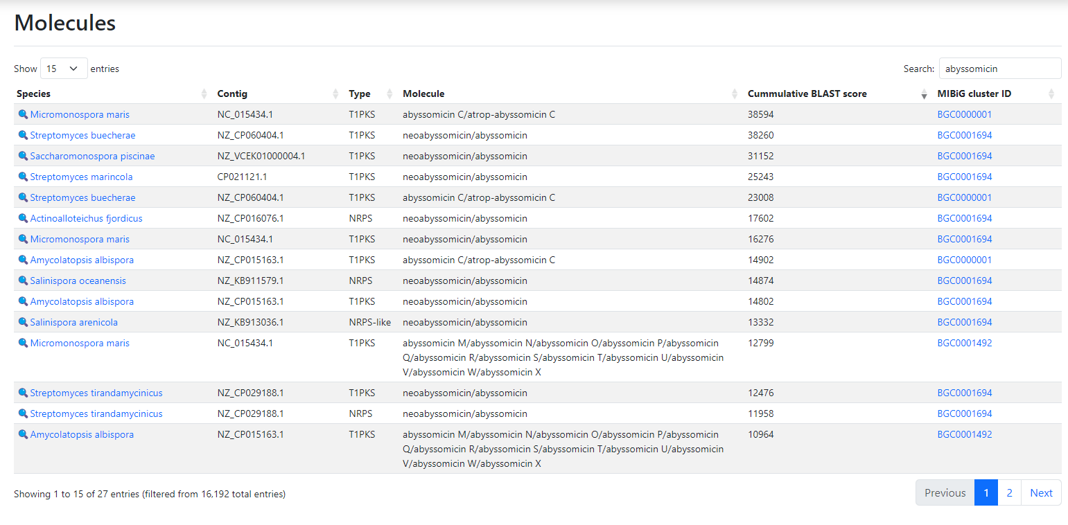 Screenshot of the results list with Micromonospora maris ranked highest